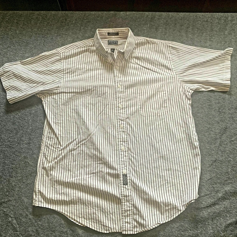 Windsor Shirt Company Short Sleeve Button Down Shirt Mens 17 White Brown Stripes